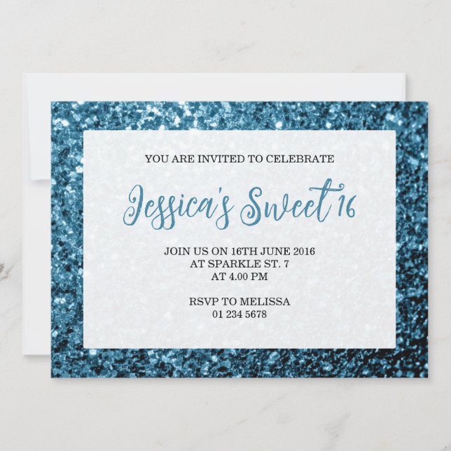 Baby blue glitter sparkles Sweet 16 elegant script Invitation (Front)