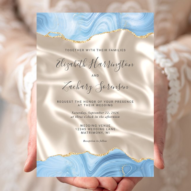 Baby Blue Gold Agate Ivory Silk Wedding Invitation (Creator Uploaded)