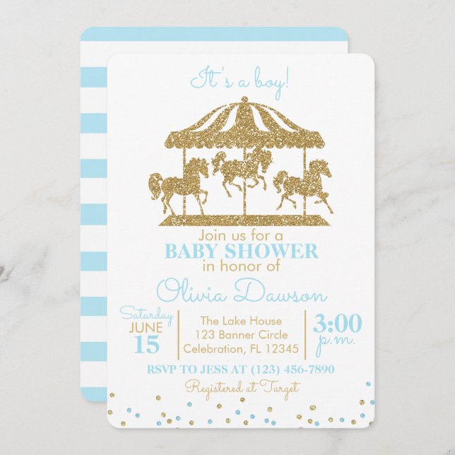 Baby Blue & Gold Carousel Boy Baby Shower Invitation (Front/Back)