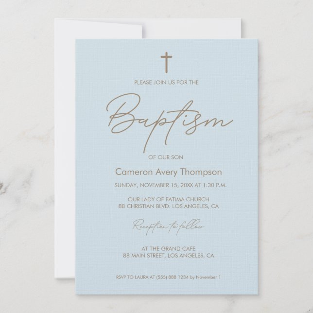 Baby Blue Gold Cross modern typography script  Invitation (Front)