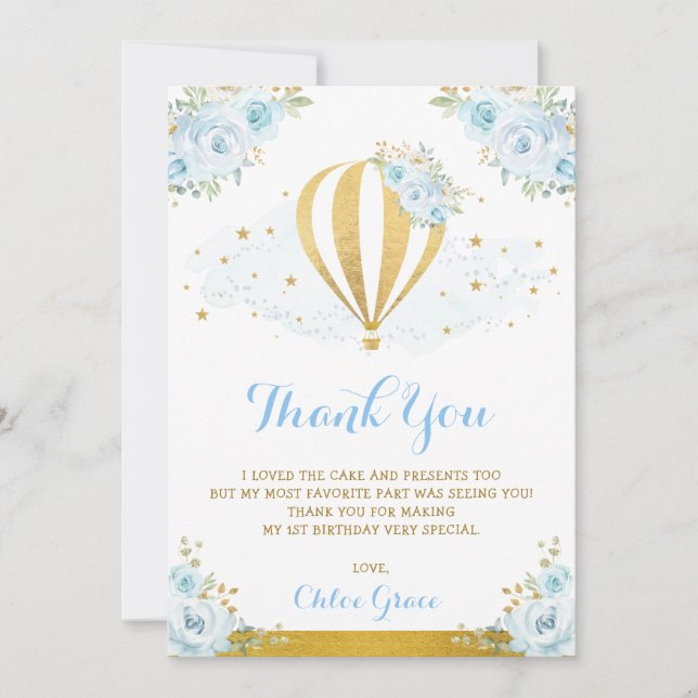 Baby Blue Gold Floral Hot Air Balloon Birthday Thank You Card (Front)