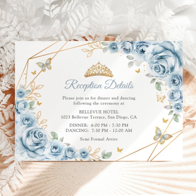 Baby Blue Gold Floral Quinceanera  Details Enclosure Card (Creator Uploaded)