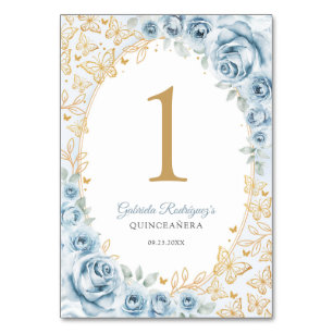 Baby Blue Gold Floral Quinceanera Table Number