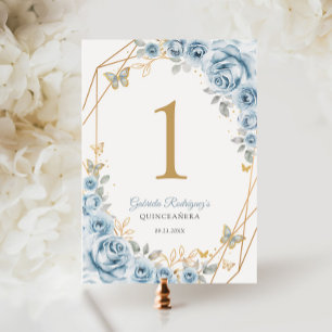 Baby Blue Gold Floral Quinceanera Table Number