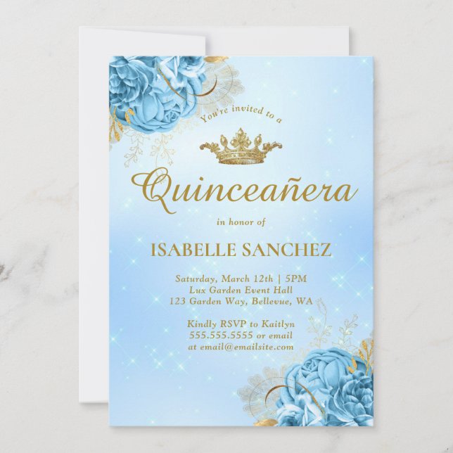 Baby Blue Gold Floral Tiara Quinceanera Invitation (Front)