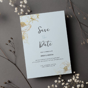Baby blue gold glitter peony floral Save the Date Invitation