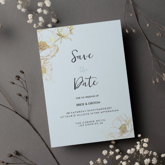 Baby blue gold glitter peony floral Save the Date Invitation (Baby blue gold glitter peony floral Save the Date)