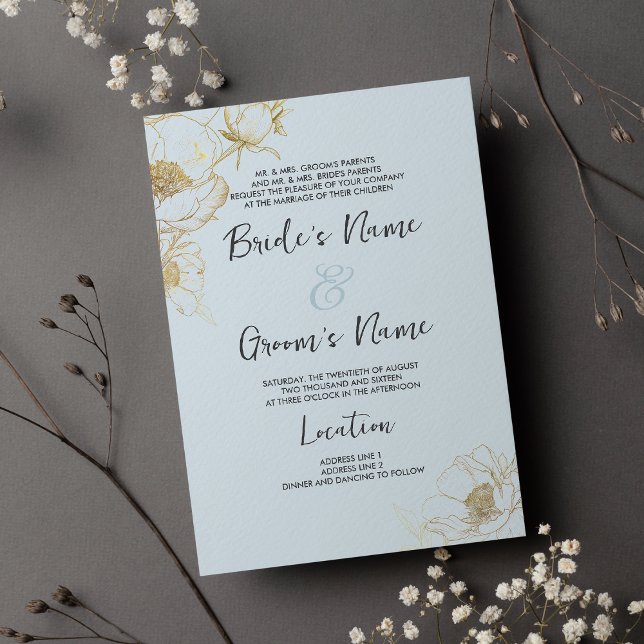 Baby blue gold glitter peony floral Wedding Invitation (Baby blue gold glitter peony floral Wedding)