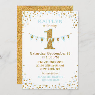 Baby Blue Gold Glitter Sparkle First Birthday Invitation