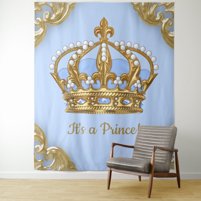 Baby Blue Gold Prince Extra Large Baby Backdrop Tapestry (In Situ)