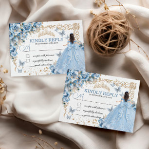 Baby Blue Gold Princess Quinceanera RSVP Card