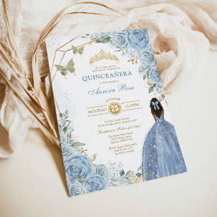 Baby Blue Gold Quinceañera Butterfly Princess Invitation