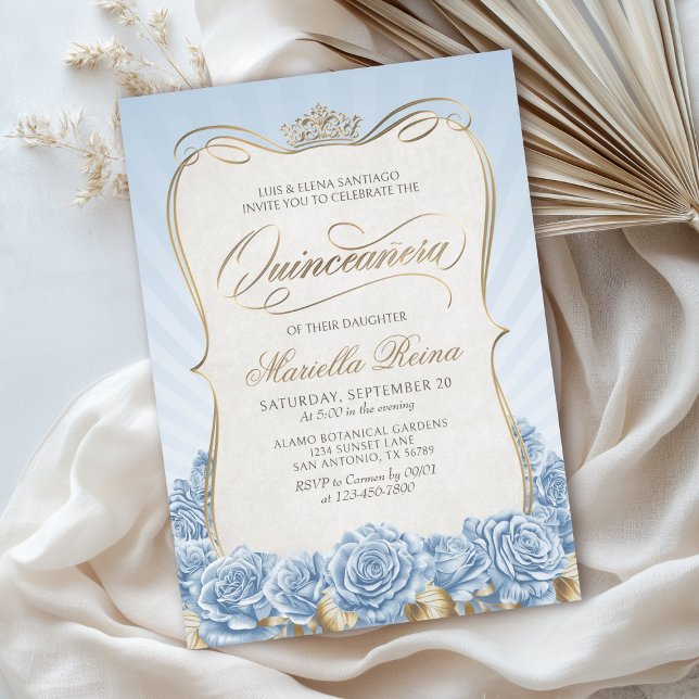 Baby Blue Gold Quinceañera Invitation (Creator Uploaded)