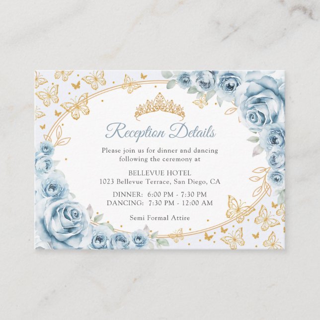 Baby Blue Gold Quinceanera Reception Details Enclosure Card (Front)