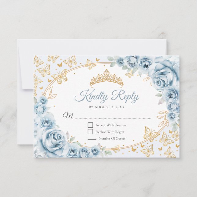 Baby Blue Gold Quinceanera Reply RSVP Card (Front)