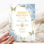 Baby Blue Gold Sweet 16 Butterfly Geometric Frame Invitation<br><div class="desc">The perfect invitation for your daughter's sweet 16 is finally here! This chic invite features elegant watercolor dusty blue roses,  sweet butterflies and modern geometric gold frame.  Click the "customise further" button if you wish to re-arrange and format the style and placement of the text.</div>