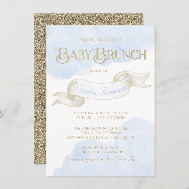 Baby Blue Gold Watercolor Boy Baby Shower Brunch Invitation (Front/Back)