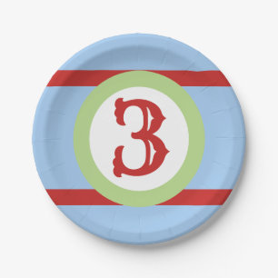 Baby Blue Green and Red Custom Number Birthday Paper Plate