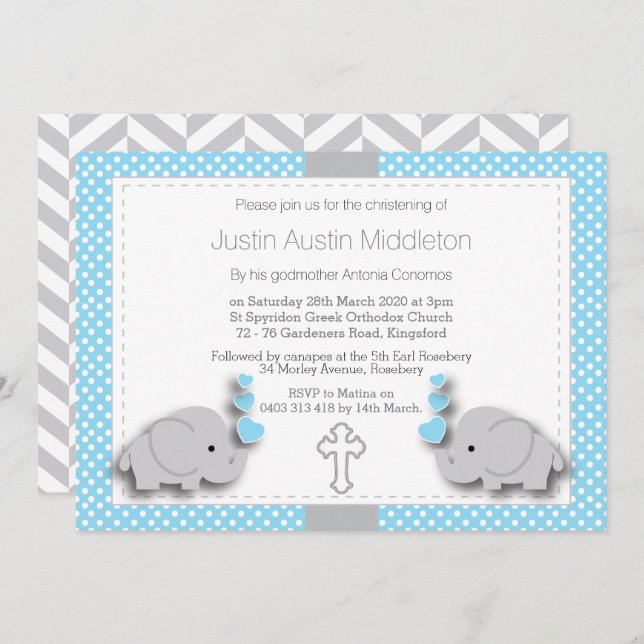 Baby Blue & Grey Elephant 🐘 Baby - Christening Invitation (Front/Back)