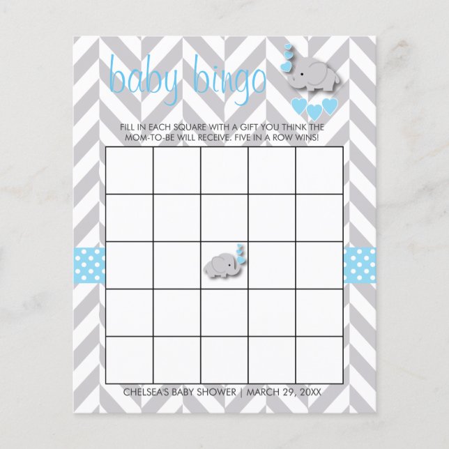 Baby Blue & Grey Elephant Baby Shower - Bingo Flyer (Front)