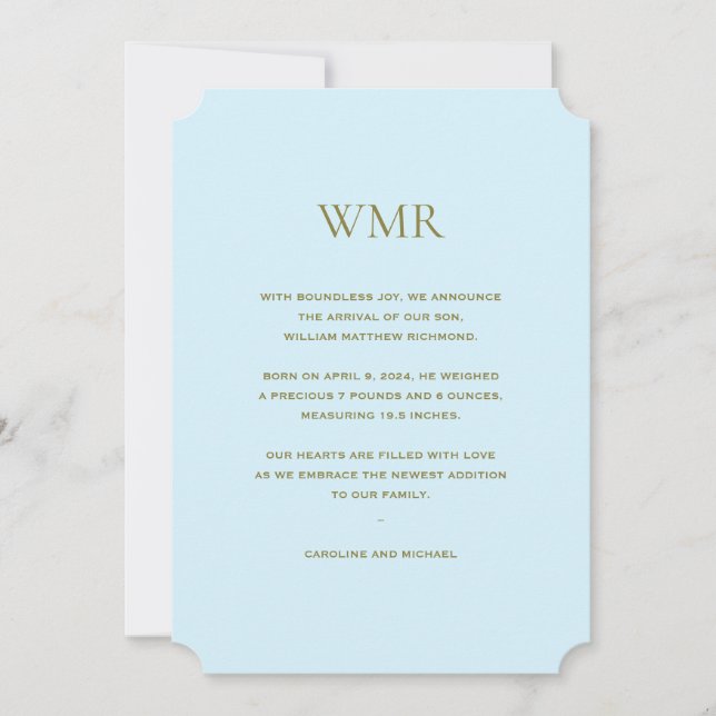 Baby Blue Initials Boy Birth Announcement (Front)