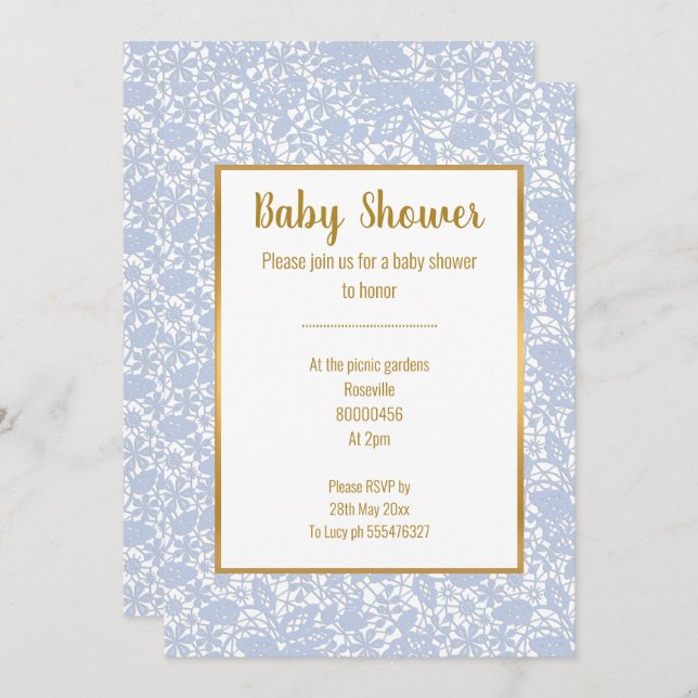 BABY BLUE LACE GOLD TRIM ELEGANT BABY SHOWER INVITATION (Front/Back)