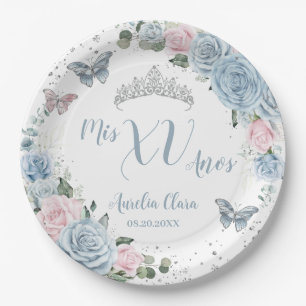 Baby Blue Light Pink Floral Butterfly Quinceañera Paper Plate