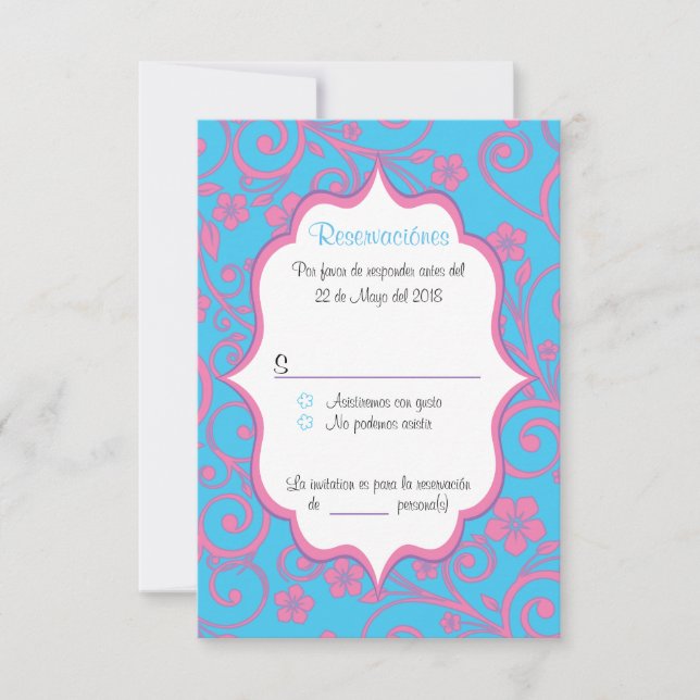 Baby Blue & Light Pink Quinceañera spanish RSVP Invitation (Front)