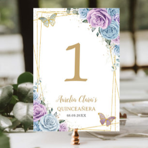 Baby Blue Lilac Floral Gold Quinceañera Sweet 16  Table Number