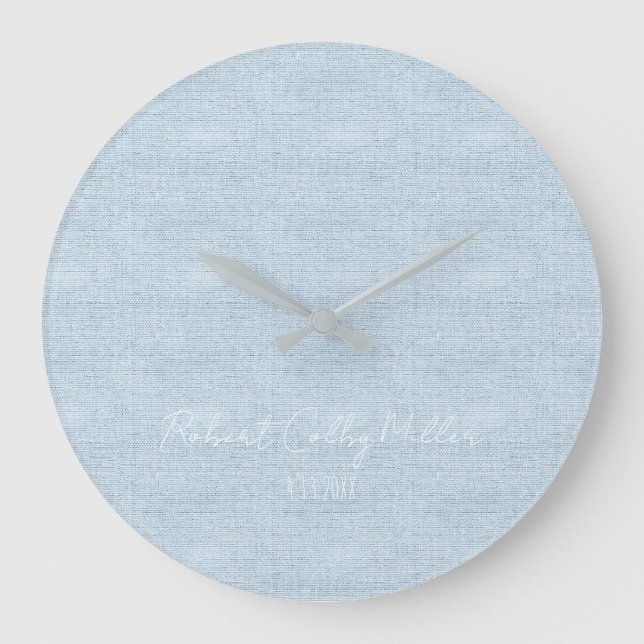 Baby blue Linen Fabric Full Name Date Nursery Large Clock (Front)