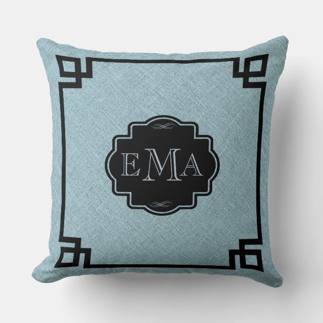 Baby Blue Linen Texture Black Frame & Monogram Cushion (Front)
