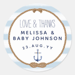 Baby Blue Love & Thanks Nautical Baby Shower Favou Classic Round Sticker