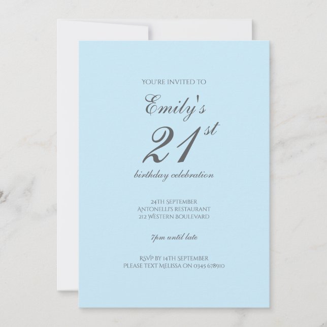 Baby Blue Minimalist 21st Birthday Invitation (Front)
