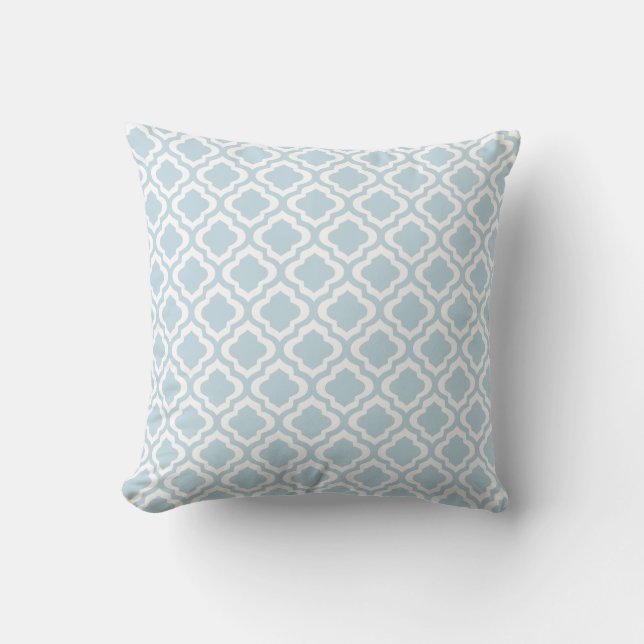 Baby Blue Moroccan Trellis Quatrefoil Clover Cushion (Front)