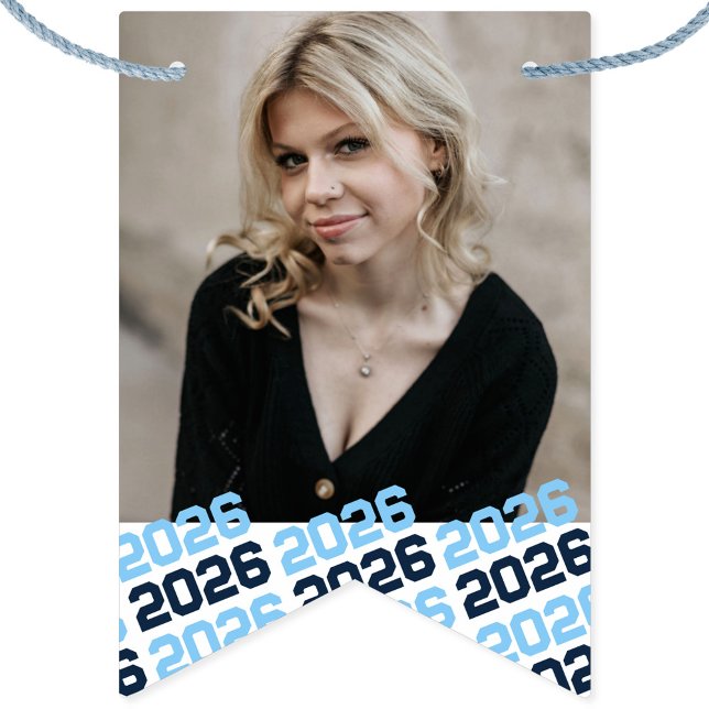 Baby Blue  Navy 16 Photo Graduation Hanging Banner (Repeating Class Year Hanging Graduation Photo Banner. Room for 16 Pictures.)
