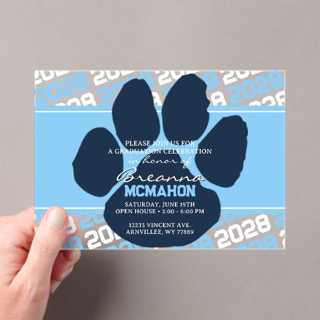 Baby Blue & Navy Blue Graduation Pawprint Frosted Acrylic Invitations (Insitu (Handheld))