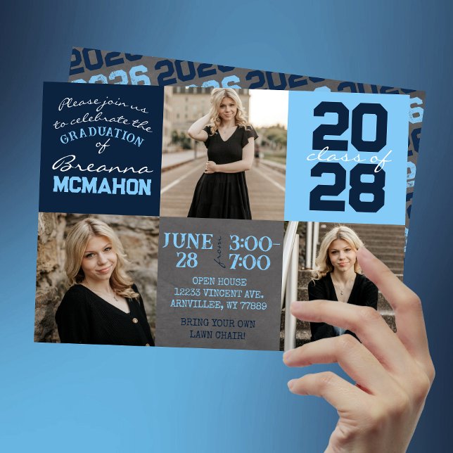 Baby Blue & Navy Chalkboard 3 Photo Graduation Invitation (Baby Blue and Navy Chalkboard 3 Photo Graduation Invitations)