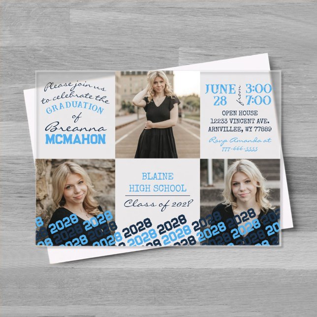 Baby Blue & Navy Graduation 3 Photo Frosted  Acrylic Invitations (Unique Baby Blue and Navy Blue Graduation Acrylic Party Invitations)