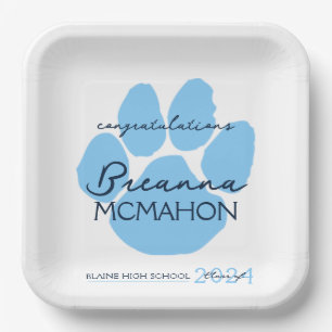 Baby Blue & Navy Personalised Graduation Paw Paper Plate