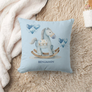 Baby Blue Nursery Rocking Horse Name  Cushion