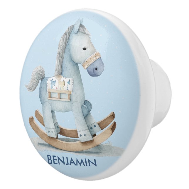 Baby Blue Nursery Rocking Horse Name Drawer Ceramic Knob (Right)