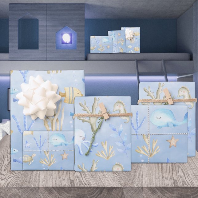 Baby Blue Octopus & Seahorse Under The Sea Wrapping Paper (Creator Uploaded)