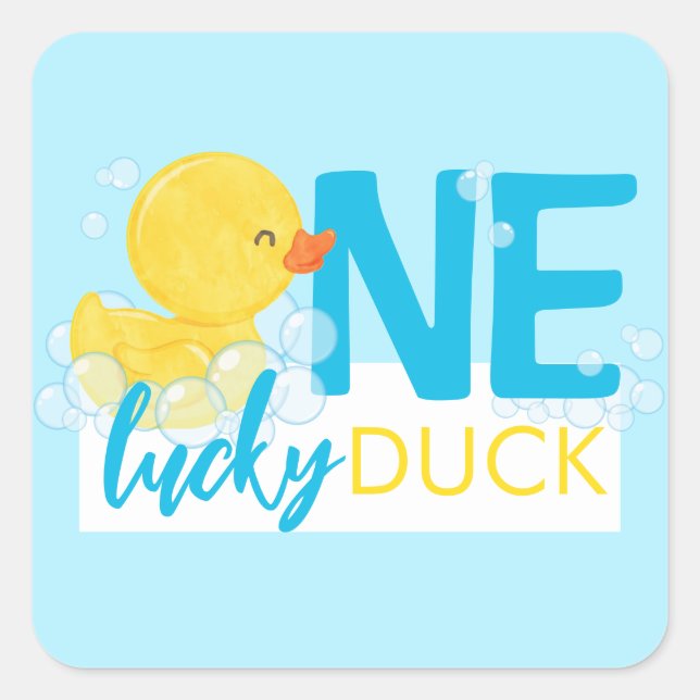 Baby Blue One Lucky Duck 1st Birthday Party Square Sticker (Front)