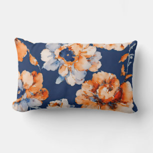 Baby blue, orange and navy floral lumbar cushion