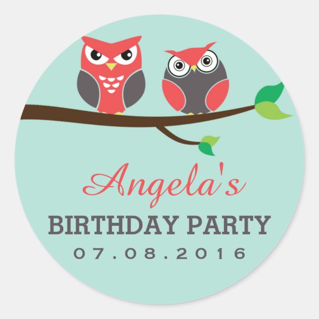 Baby Blue Owl Cartoon Sticker for Kids Birthday (Front)
