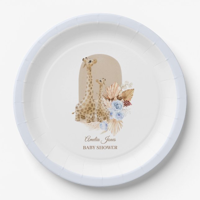 Baby Blue Pampas Grass Giraffe Baby Shower Paper Plate (Front)