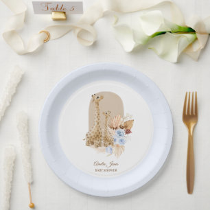 Baby Blue Pampas Grass Giraffe Baby Shower Paper Plate