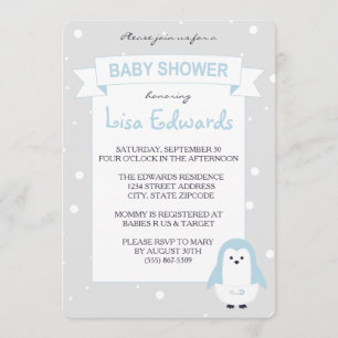 Baby Blue Penguin Baby Shower Invitation