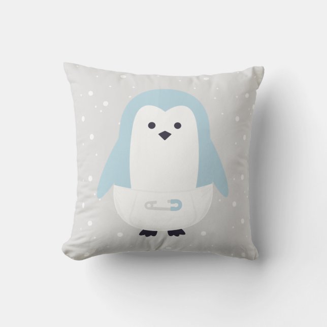 Baby Blue Penguin Throw Pillow (Front)