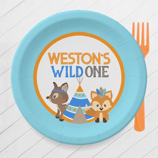 Baby Blue Personalised Woodland Camper Birthday Paper Plate (Baby Blue One Happy Camper or Wild One First Birthday Party Plates. Featuring a Fox, Deer & Teepee)
